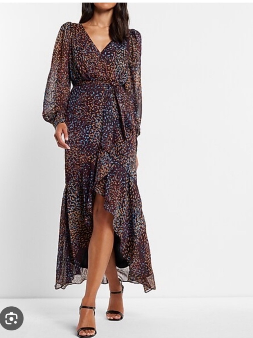 Express Metallic Printed Faux Wrap Ruffle Hi-lo V-neck Maxi Dress sz medium